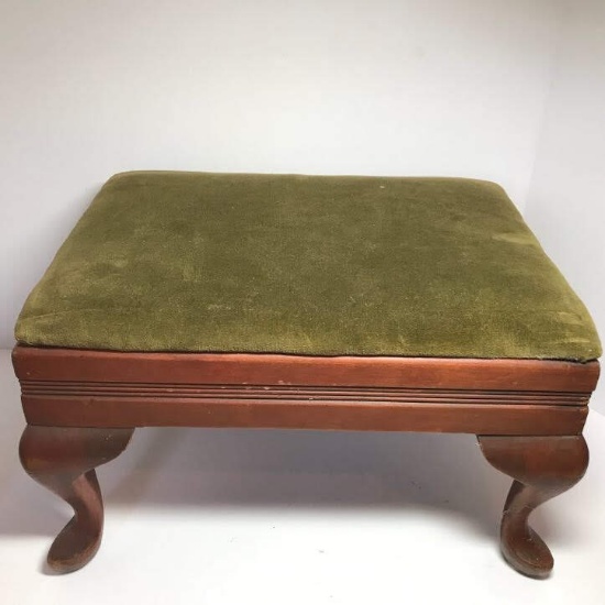 Vintage Wooden Foot Stool with Green Cushion