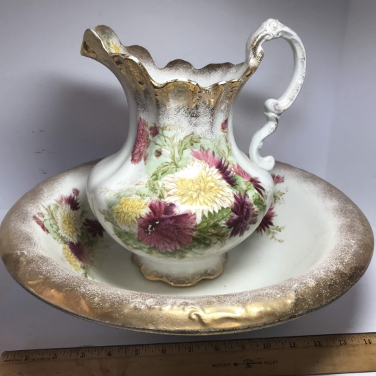 Antique Homer Laughlin Wash Pitcher & Basin with Floral & Gilt Design