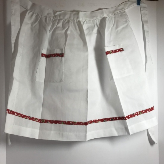 Vintage White Apron with Red Christmas Bulb Trim & 2 Pockets