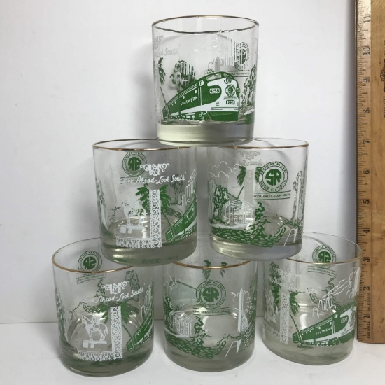 Set of 6 Vintage Southern Railway “Look Ahead Look South” Glasses with Gilt Edges - Never Used