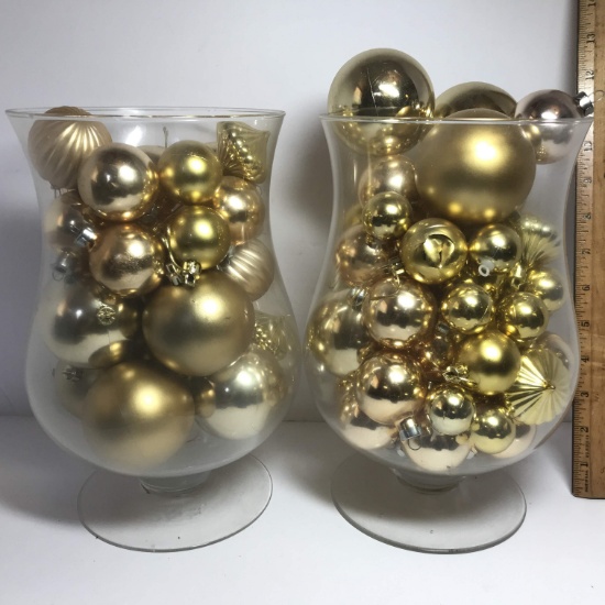 Pair of Large Glass Vases Full of Gold Christmas Ornaments