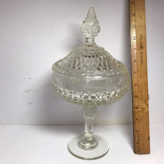 Vintage Pedestal Glass Dish with Lid & Diamond Pattern