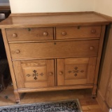 Antique Hand Carved PA Dutch Design Claw Foot Oak Cabinet 2 Drawers Over 1 Over Cabinet on Casters