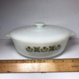 Vintage Green Meadow Fire King Anchor Hocking Milk Glass Lidded 1-1/2 Qt Casserole Dish