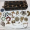 Hand Carved Wooden “Haiti” Jewelry Box Full of Beautiful Vintage Brooches & Misc Jewelry