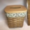 1999 Longaberger Basket with Tissue Dispenser Wood Top & Liner with Leaf Design Signed on Bottom