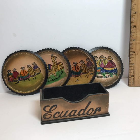 Set of 4 Ecuador Souvenir Coasters with Leather Feel