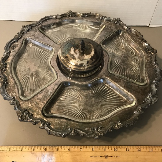 Vintage Silver Plated Lazy Susan Divided Platter with Lidded Center