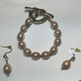 Pretty Pink Silver Tone Magnetic Bead Bracelet with Matching Pierced Earrings