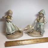 Pair of Vintage Ceramic Children with Geese Figurines