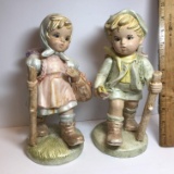 Pair of Vintage Ceramic Children Hiking Figurines