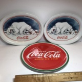 Pair of Coca-Cola Metal Trays & Coca-Cola round Plastic Plate