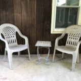 Pair of Plastic Outdoor Chairs & Small Metal Table