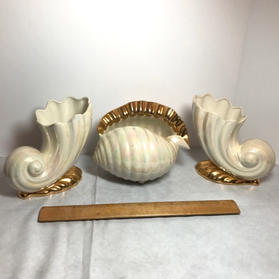 3 pc Vintage Iridescent Porcelain Shell Planters with Gilt Accent