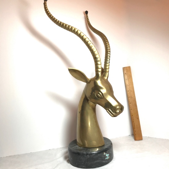 Impressive Tall Heavy Brass Gazelle Head Statue with Marble Base