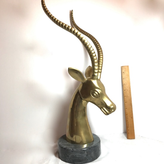 Impressive Tall Heavy Brass Gazelle Head Statue with Marble Base