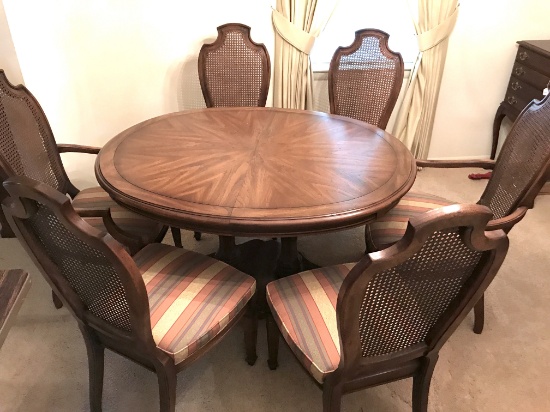 Impressive 7 pc Wooden Dining Set with Striped Upholstered Seats & Cane Back