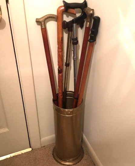 Lot of Awesome Walking Sticks/Canes in Brass Bucket