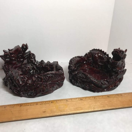 Pair of Carved Oriental Red Dragon Ashtrays