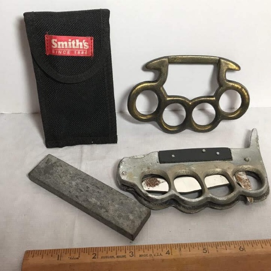 Brass Knuckles Belt Buckle, Sharpening Stone & Decorative Knife