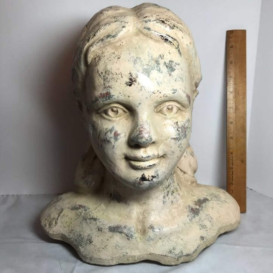 Large Heavy Painted Clay Head Sculpture of Girl with Pony Tails