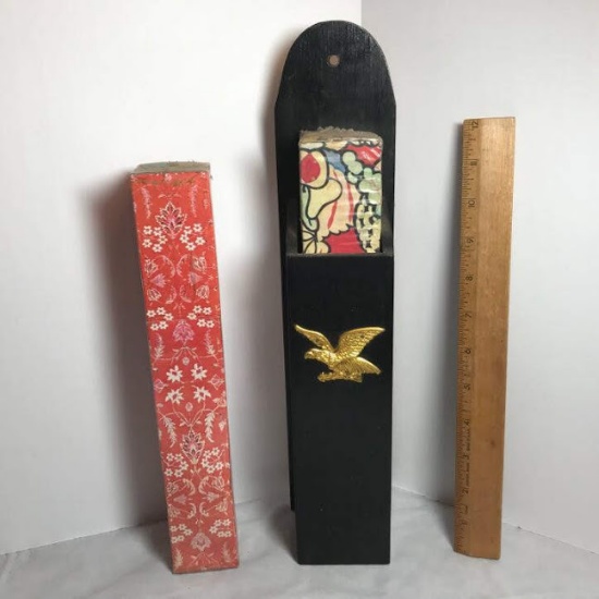Vintage Wooden Matchstick Holder with Brass Eagle Emblem & 2 Boxes of Matches
