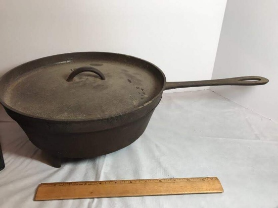 Vintage Cast Iron Footed 12” Long Handled Frying Pan with Heavy Lid