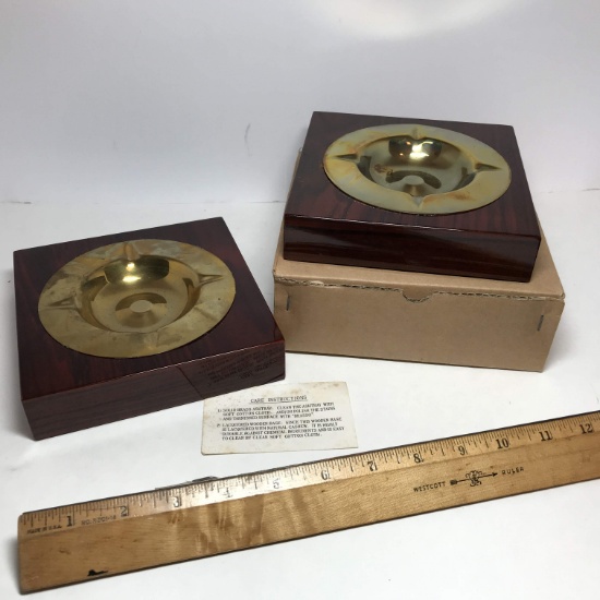 Pair of Brass Ashtrays with Lacquered Wooden Bases - One in Box