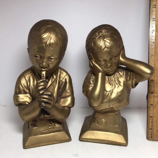 Pair of Gold Plaster Esco Product Children’s Busts Signed E. Villanis