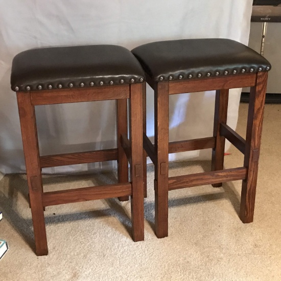 Pair of Wooden Barstools with Black Seats & Silver Brad Design