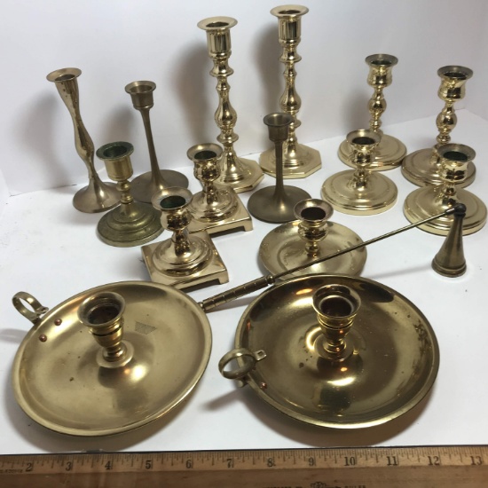 Awesome Lot of Brass Candlestick Holders & Snuffer