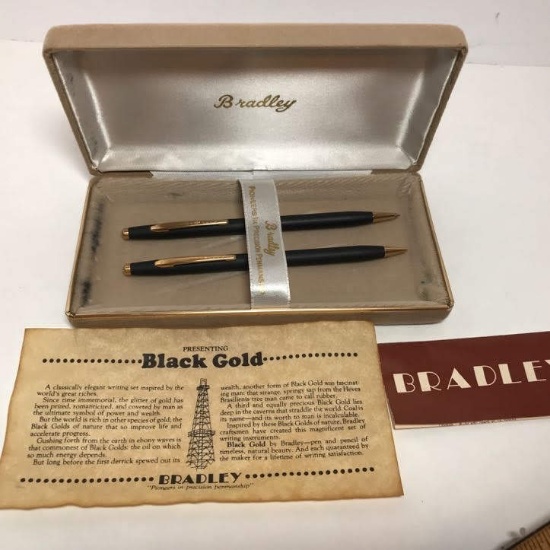 Bradley Black Gold Pen & Mechanical Pencil Set in Box with Pamphlets