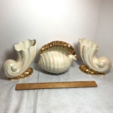 3 pc Vintage Iridescent Porcelain Shell Planters with Gilt Accent