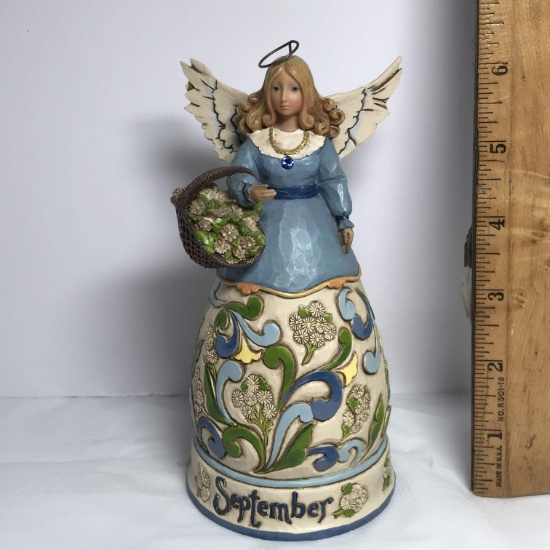 Jim Shore Heartwood Creek “September” wooden Carved Angel Figurine With Sapphire Stone