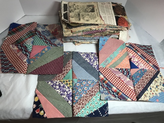 Large Lot of Vintage Hand Made Quilting Squares with Newspapers from the 30’s-60’s Attached to Back