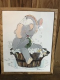 1986 Adorable Elephant Taking a Bath Print in Frame