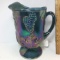 Beautiful Blue Carnival Glass Pitcher with Embossed Grape Design