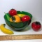 Gorgeous Lot of Art Glass Fruit & Veggies in Large Anchor Hocking Green Glass Bowl