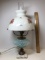 Vintage Fenton Lamp with Marble Base, Floral Milk Glass Shade & Blue Swirl Center