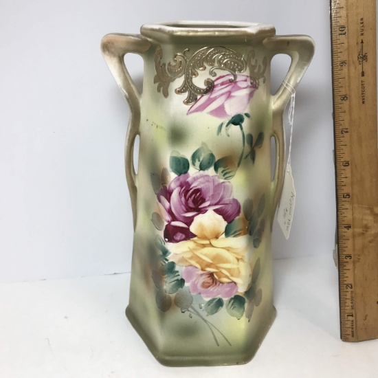 Vintage Double Handled Nippon Vase with Rose Design