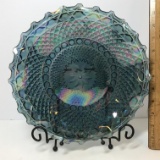 Vintage Blue Carnival Indiana Plate with Ruffled Edge, Diamond Pattern & Stand