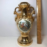 Vintage Porcelain Lamp Base with Victorian Scene & Gilt Accent