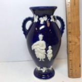 Vintage Cobalt & White Double Handled Vase - Made in Japan