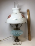 Vintage Fenton Lamp with Marble Base, Floral Milk Glass Shade & Blue Swirl Center