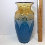 Beautiful Floral Etched Glass Vase with Blue Frosted Base & Amber Top
