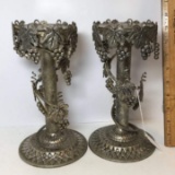 Pair of Vintage Tin Candle Holders with Ornate Grape Vine Design