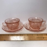 Pair of Cabbage Rose Vintage Depression Glass Cups & Saucers