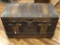 Antique Wooden Humpback Travel Trunk with Tray Insert with Victorian Woman