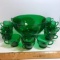 Beautiful Vintage Forest Green Glass 16 pc Punch Bowl Set