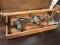 Lot of Meat Grinders in Vintage Hand Made Wooden Basket